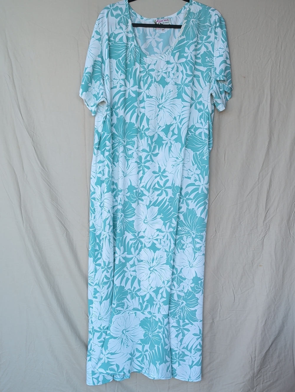 Casual Teal & White Floral Maxi Dress Muumuu Flounce Hem Vacation Resort Wear - Picture 1 of 10